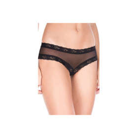 Tanga string ouvert noir maille transparente et dentelle 